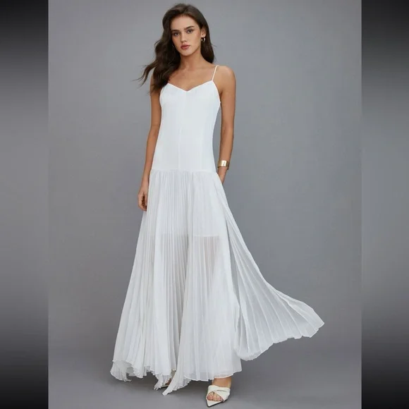 White Satin Bodice Pleated Hem Layered Spaghetti Dress Maxi Dress - Picture 2 of 6